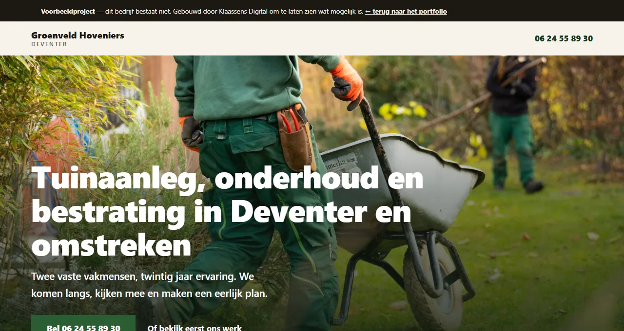 Screenshot van de Groenveld Hoveniers-voorbeeldsite