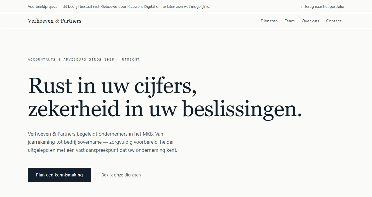 Screenshot van de Verhoeven & Partners-voorbeeldsite